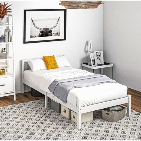 Cama individual 90 x 200 cm con somier de lamas y cabecero, pino blanco HAVRYA (1/5)