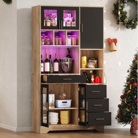 Buffetschrank MDF Schwarz/Natur 185 x 100 x 40 cm mit LED-Beleuchtung, Steckdose, Schubladen und Glastüren (1/5)