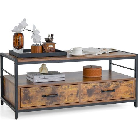 Industrial Coffee Table Wooden Center Table with 2 Storage Drawers & Open Shelf (1/5)