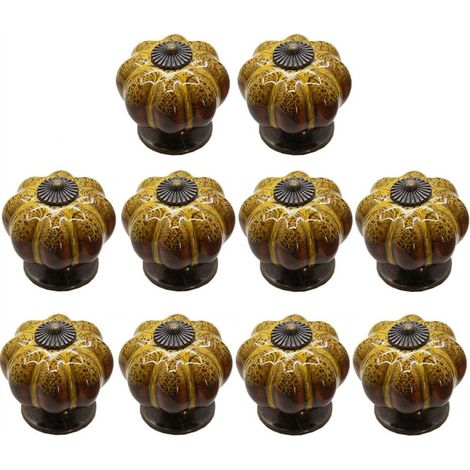 10 Stück Vintage-Möbelgriffe in Kürbisform, Keramik-Schubladenknöpfe, 40 mm, mit Schrauben, gelb (1/5)