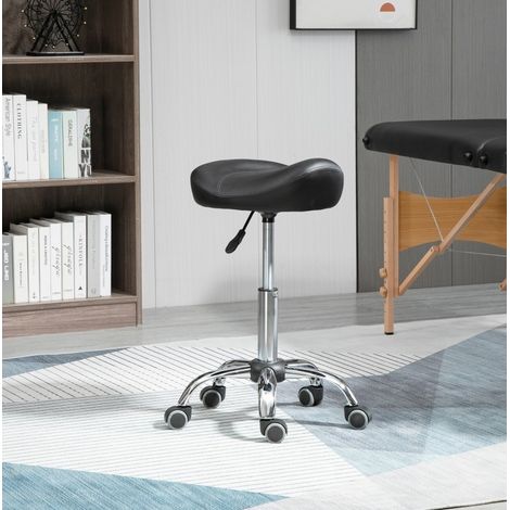 Tabouret de travail à roulettes réglable en hauteur 54-69 cm, siège selle pivotant 360° en cuir régénéré noir, pour salon esthétique et massage CHICFURN (1/5)
