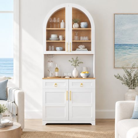 Buffet haut 76x40x179,5 cm en MDF noyer avec LED via appli et niche arquée - CHICFURN (1/5)
