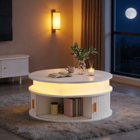Table basse réglable en hauteur 75 x 75 x 52 cm, table d'appoint avec éclairage LED, table basse ronde, table à thé avec deux portes enroulables, table blanche avec rangement dissimulé, table laquée b (1/5)