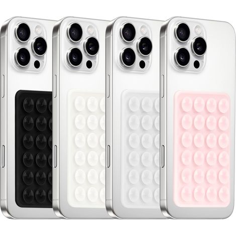 Lot de 4 supports adhésifs en silicone pour coque de téléphone, supports à coller (noir et blanc, semi-transparent, rose clair) (1/4)