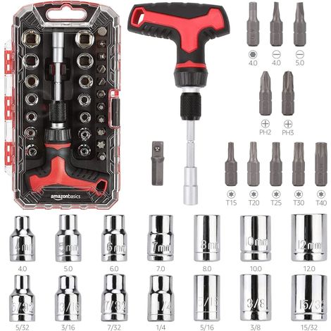 Set Tournevis à Cliquet/Douilles 27 Pièces, Poignée en T Légère avec Porte-Embout Magnétique, Acier Cr-V, Bricolage, Réparation d’Appareils Électroniques et Électroménagers, Compact (1/5)