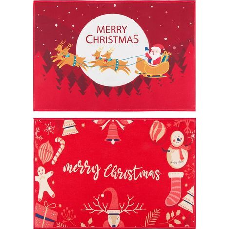 2pcs Tapis Porte d'Entrée Paillasson de Noël Tapis de Sol Rouge Design Merry Christmas Traîneau du Père Noël Décoration Intérieur Extérieurs Maison Chambre pour Bain Cuisine Salon Fête Noël (1/3)
