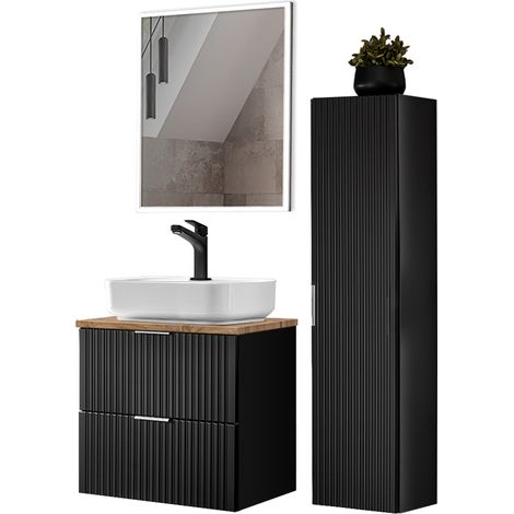 Badmöbel Set mit Keramik Waschbecken und LED Spiegel, matt schwarz mit Eiche Nb., gerillte Front, ADELAIDE-56-BLACK, B/H/T ca. 110/200/46,5 cm (1/5)