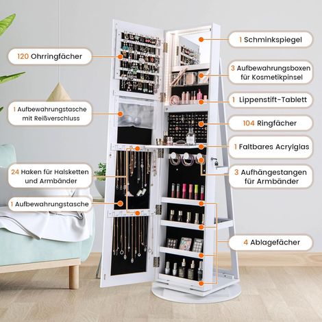 COSTWAY Schmuckschrank 360°drehbar, freistehender Spiegelschrank abschließbar mit dreifarbigen LED-Leuchten & Ganzkörperspiegel, Schmuck- Organizer Schmuckaufbewahrung mit Schlüsseln