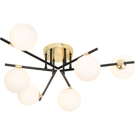 QAZQA Lampada da soffitto lynn - Art déco - Acciaio,Vetro - Nero/Oro/Ottone - Tondo Max. 6 x Watt