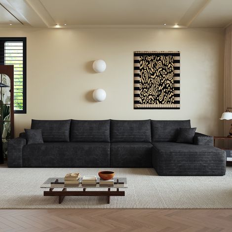 Canapé d'angle en L 340 cm sans armature,avec méridienne,assise profonde,livré compressé sans montage,velours côtelé,noir (1/5)