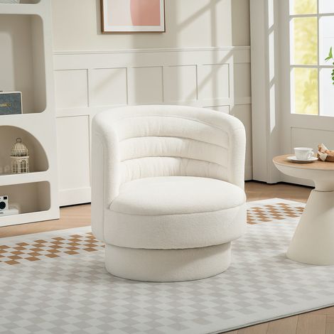 Fauteuil pivotant rembourré, fauteuil lounge moderne avec structure en bois d'hévéa, pour salon, chambre, blanc crème (1/5)