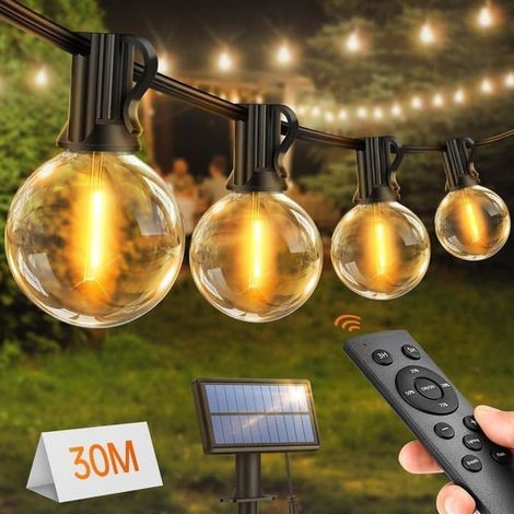 1x Guirlande Lumineuse Solaire Extérieure, 30 m, 50+2 Ampoules G40, Télécommande & Minuterie, IP65, Jardin/Terrasse/Mariage (1/5)