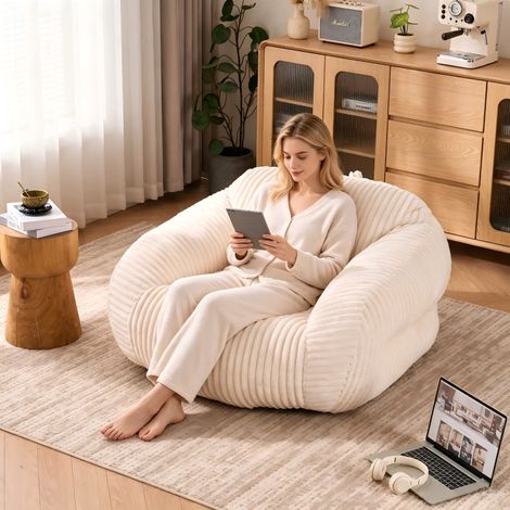 Canapé‑Pouf en velours côtelé – Emballé sous vide – aucun assemblage requis – Adapté aux adultes pour salon, chambre et balcon – 110×116×61m – Beige (1/5)