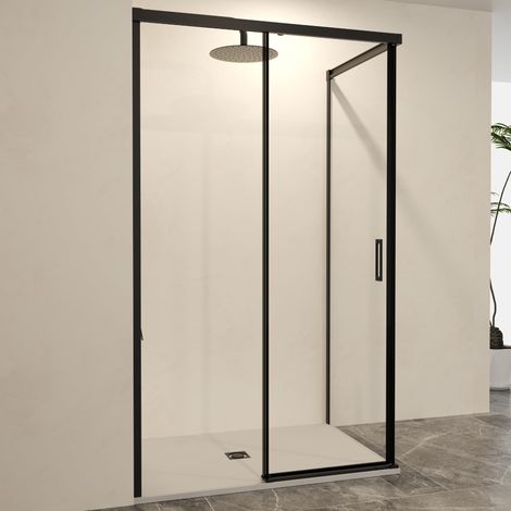 IMEX - Mampara 1 Fija + 1 Corredera + Panel Lateral Fijo Serie Stylo Negro Mate 150x90 cm (1/5)