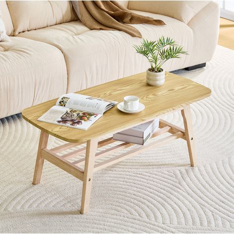 Tavolino da caffè 100 cm color legno in legno massello con contenitore a 2 livelli (1/5)