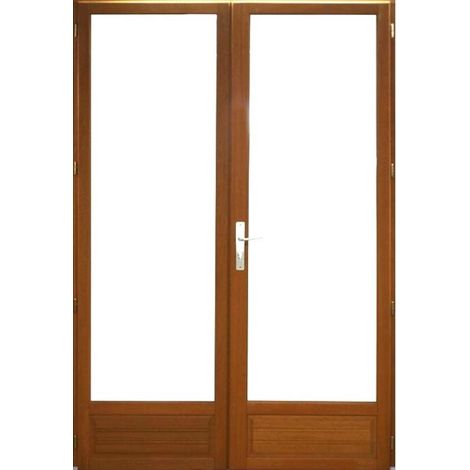 Gd Menuiseries – Porte-fenêtre en meranti 2 vantaux H205 x L120 cm – Vitrage isolant 4/16/4 – Soubassement massif 30 cm – Fermeture sécurisée 5 points (1/5)