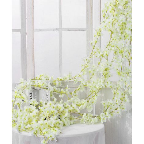 Support à fleurs artificielles en osier, 1,8 mètre de long, 135 branches de fleurs naturelles et décoratives, en soie et plastique, à suspendre, blanc (1/5)