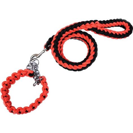 Set composto da collare martingale e guinzaglio in corda intrecciata da 1,2 m (rosso e nero, circonferenza collo 40-50 cm). (1/5)