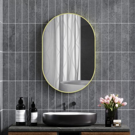 Specchio ovale da bagno 60x90 cm, specchio decorativo da parete con cornice in alluminio per soggiorno, orizzontale o verticale, oro
