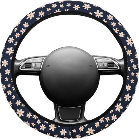 Housse de volant universelle motif Gardenia - Protection de volant antidérapante et respirante sans anneau intérieur - Convient aux volants de 38 cm de diamètre - Prise en main confortable - Motif flo (1/5)