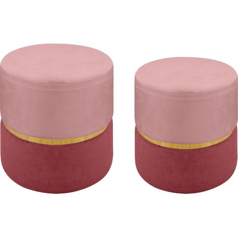 Set 2 Pezzi Coppia Di Pouf Cilindro Poggiapiedi Camera Design Pouff Cameretta Con Fascia Dorata Salotto In Velluto Sgabello Rosa