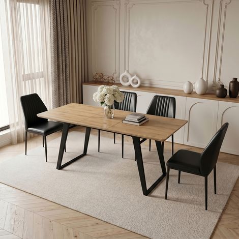 HIPIHOM Ausziehbarer Esstisch für 4 bis 6 Personen, ausziehbarer Tisch 130–170 cm, Höhe 76 cm, Breite 85 cm, MDF-Platte, U-Metallbeine, maximale Belastung 100 kg (Tisch, 4 Stühle – Schwarz) (1/5)