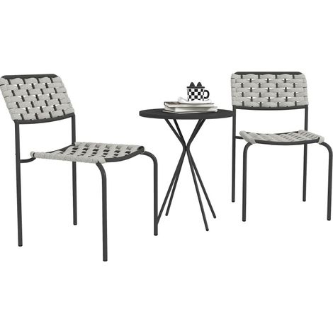 Conjunto de jardín de poliratán gris de 3 piezas con 2 sillas apilables y mesa de acero (1/5)