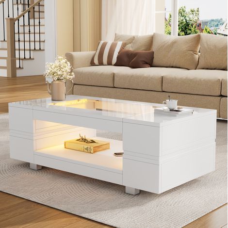 Table basse LED 100x50x35 cm blanche en panneaux de particules et verre trempé avec rangement (1/5)