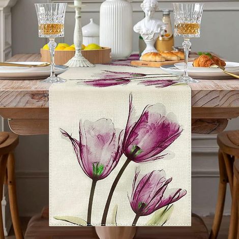 Tischläufer Lila Tulpen Blumen Tischläufer Frühling Sommer Modern Wohnzimmer Abstrakt Tischdecke Leinen rutschfest Tischband Küche Tisch Dekoration für Esszimmer Party Drinnen Urlaub 33x180cm