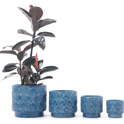 Vaso da fiori in ceramica Ø19 cm blu lucido, rilievo a cuore, con foro di drenaggio - CHICFURN (1/5)