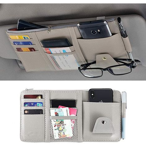 Pare-soleil de voiture (gris), pochette de rangement pour lunettes de soleil, stylos, cartes et petits documents
