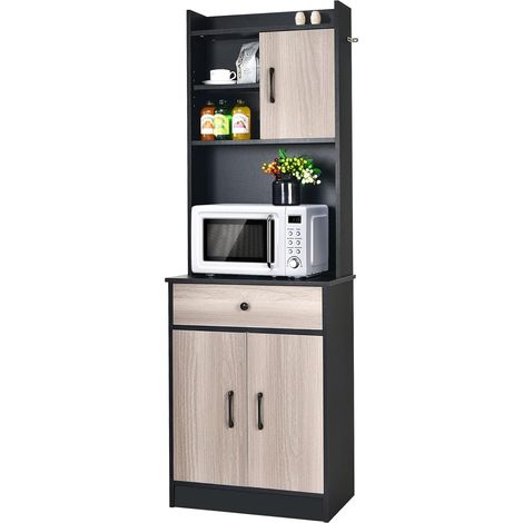 Goplus – Buffet de cuisine noir et chêne – L60xP40xH180 cm – 3 portes, 1 tiroir, étagère réglable – Fixations anti-basculement (1/5)