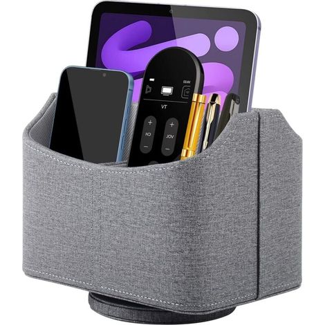 Porte-télécommande rotatif à 360° - Rangement pour télécommande TV - En cuir synthétique - Avec 5 compartiments - Multifonction - Pour table de chevet, bureau - Gris (1/4)