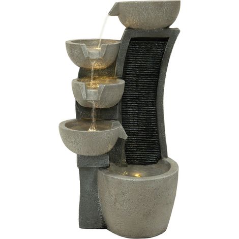 Fontana Cascata da Esterno in Poliresina Grigia con 5 Luci LED Bianche Calde, Pompa Elettrica, Cavo da 7m – Sleek Streams + Spazzola per Pulizia Inclusa (1/5)