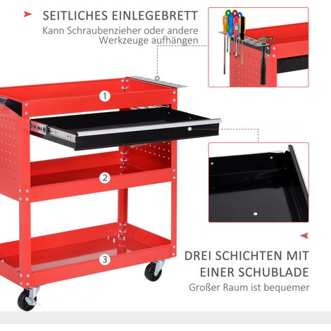 Coffre à outils roulant, 3 niveaux, 4 roues, 82 cm x 35 cm x 76 cm, rouge (1/4)