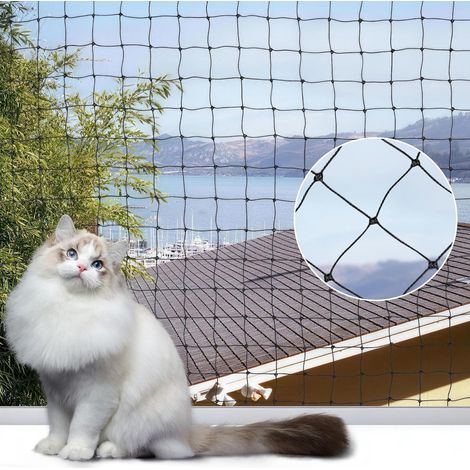 Filet Chat Balcon, Filet Fenetre Chat en Nylon pour Balcons, Filet de Balcon Protection sans Perçage avec Kit de Fixation, Portes Extérieures et Fenêtres, 3 x 4 m (Noir) (1/5)