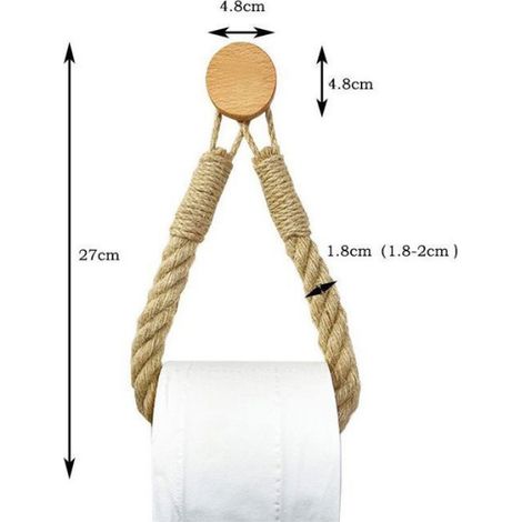 Dérouleur Papier Toilette - Bois Et Corde De Chanvre - Sans Perçage Auto-Adhésif - Pour Salle De Bain - 1 Pièce (1/4)