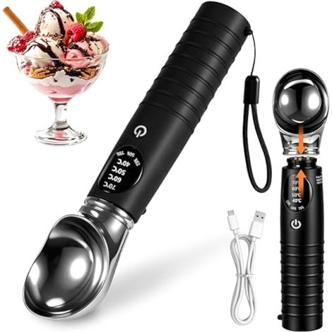 Cuillère à glace chauffante, cuillère glace chauffante électrique amovible avec 4 niveaux chaleur réglables (40/50/60/70 ℃), cuillère glace rechargeable avec affichage LED pour crème glacée surgelée