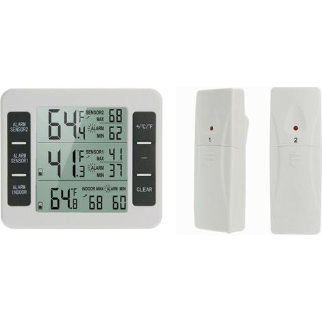 Packung Kühlschrank-Gefrierschrank-Thermometer, kabelloses Kühlschrankthermometer mit 2 Sensoren, akustischem Alarm, Min/Max, Innen-/Außenthermometer für Zuhause, Küche, Restaurant, Bar, Café (1/4)