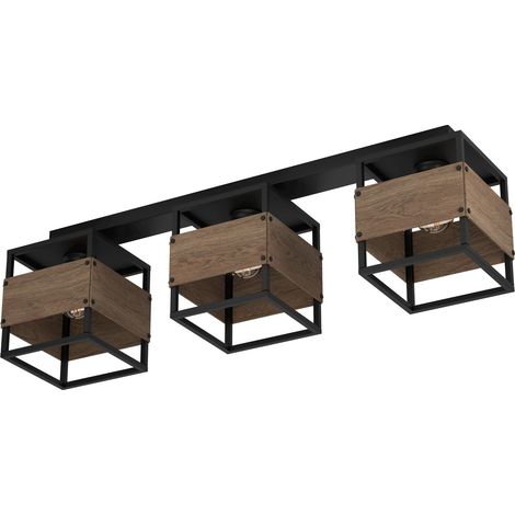 EGLO Deckenleuchte Evesham, 3-flammige Deckenlampe im Industrial Design, Deckenbeleuchtung aus Metall in Schwarz und Holz in Dunkelbraun, Wohnzimmerlampe mit E27 Fassung