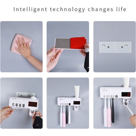 Support mural pour brosses à dents UV blanc, stérilisation intelligente, sans perçage, distributeur automatique de dentifrice, capteur infrarouge, pack complet. (1/5)