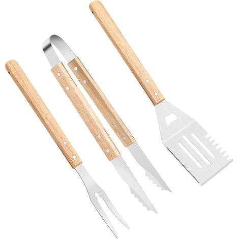 Grillbesteck – 3 Stück zum Grillen Hitzebeständiger, rutschfester Holzgriff für Steak, Burger, Pizza und kulinarische Zubereitungen