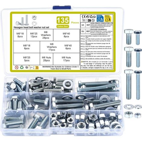 Bardusch-135 Pièces Boulons Hexagonaux M6 avec Écrous Rondelles - Kit Réparation Mécanique en Acier Carbone Noir pour Vélo Moto Auto (Zinc bleu et blanc) (1/2)