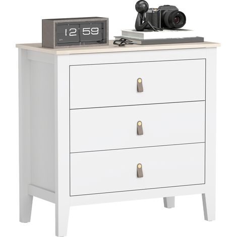 Cassettiera per Camera da Letto a 3 Cassetti 80x40x78,5 cm con Maniglie in Finta Pelle in Legno Bianco (1/5)