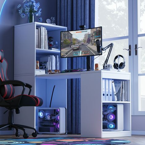 Table pliante 130x51x137 cm blanche, meuble 2-en-1 bureau et rangement, 4 casiers de stockage pour un rangement optimisé, grande capacité de charge, polyvalent