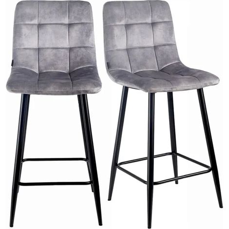Lot 2 chaises de bar assise H.75 cm en velours gris clair - NAMI 2 (1/5)