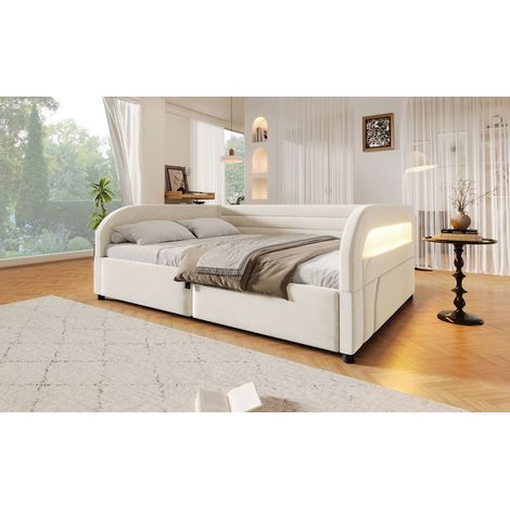 Cadre de Lit 140 x 200 cm plateforme rembourré rangement hydraulique éclairage LED coloris beige (1/2)