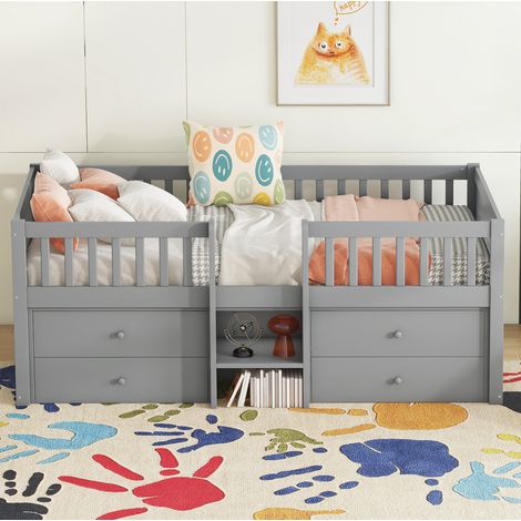 Bett Kinderbett Stauraum 90x200 Kiefer Grau OKMYHOME (1/5)