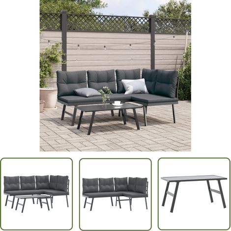 The Living Store 3-tlg. Garten-Sitzgruppe mit Kissen Schwarz Stahl - Gartengarnitur - Gartenmöbelset - Esszimmer Im Freien - Outdoor Möbel - Balkonmöbel (1/5)