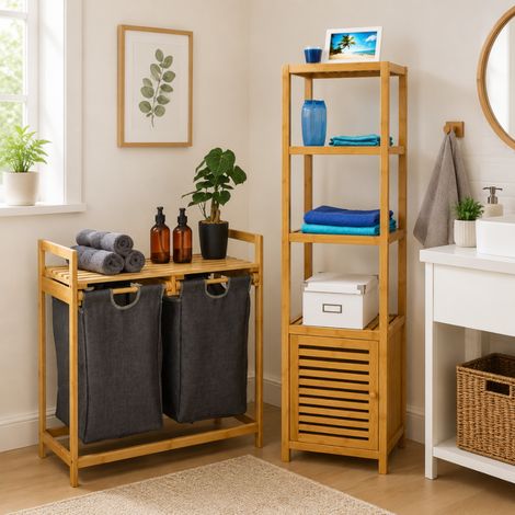 Set da bagno Tall Bamboo (2 pezzi) – Mensola in legno con ante e portabiancheria a 2 cestini (1/5)